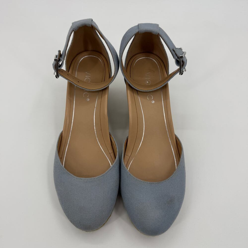 VIONIC Espadrilles Wedges Women 10 Blue Canvas Ankle Strap Closed Toe Amy